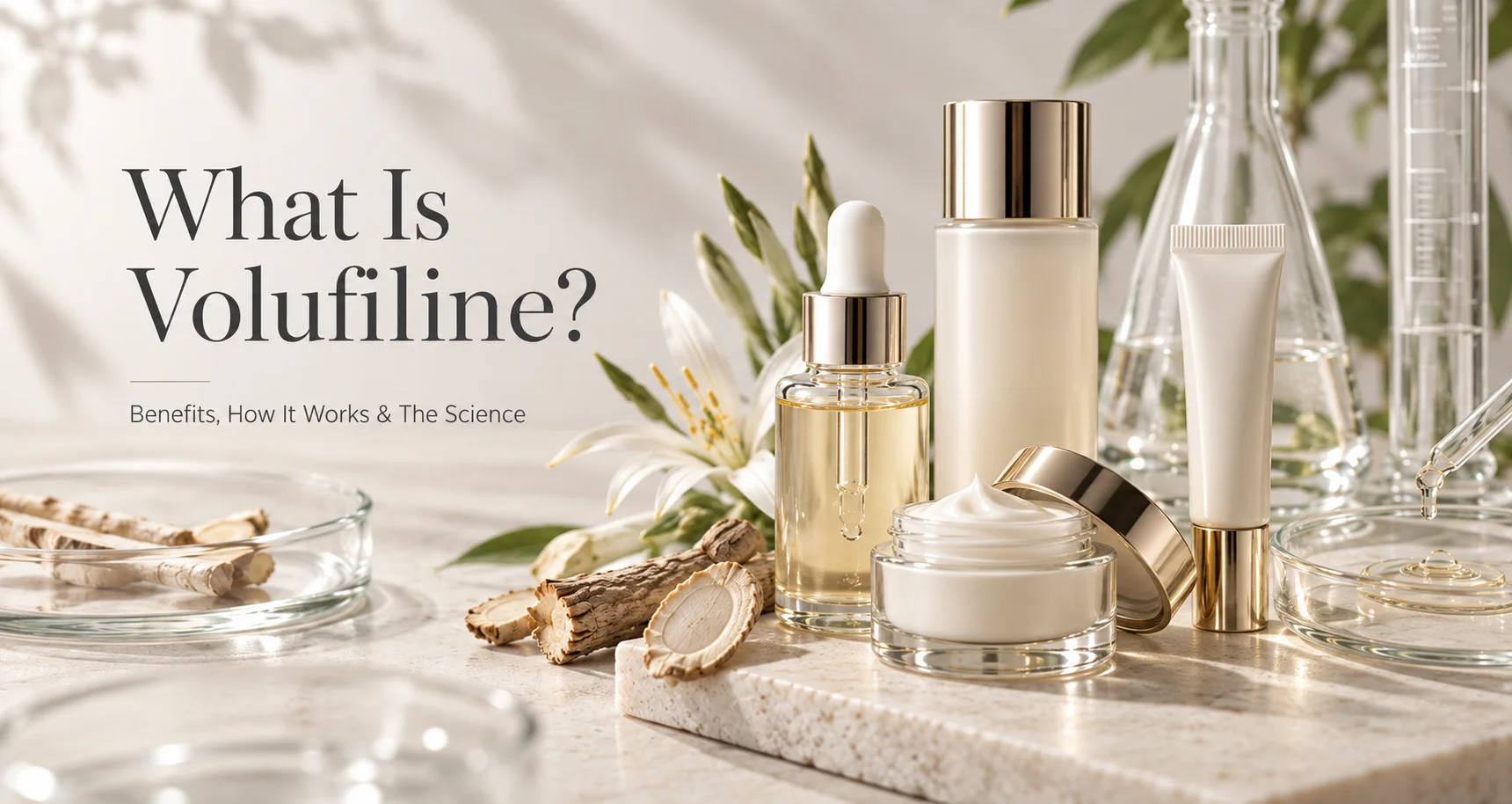 A display of skincare products including bottles, jars, and plant extracts, accompanied by the text 'What is Volufiline? Benefits, How It Works & The Science'.